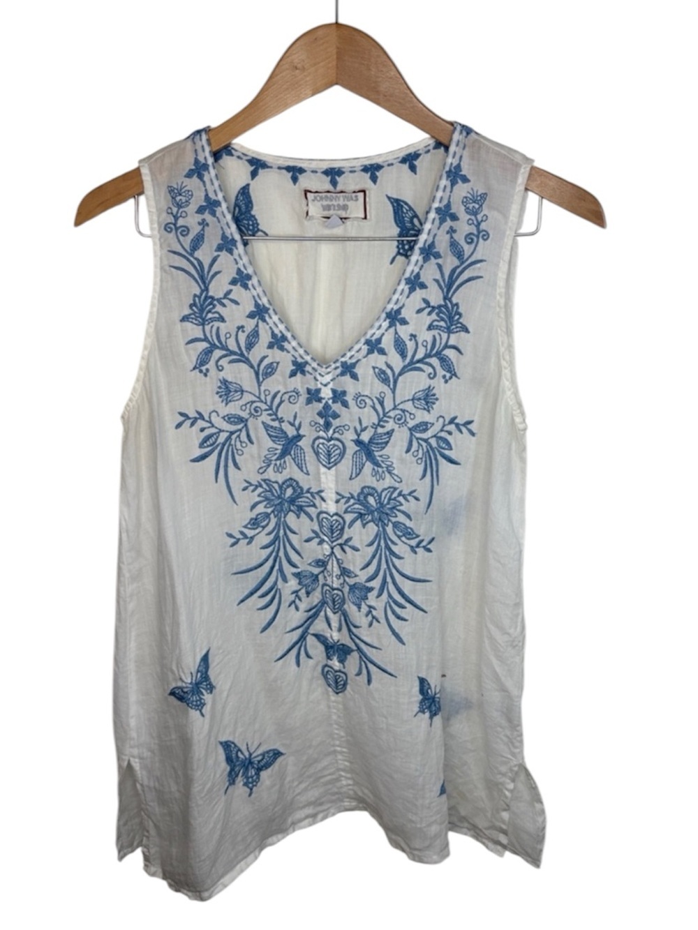 Johnny Was Workshop White Blue Embroidered Butterfly Tank Women Size XS BLEMISH